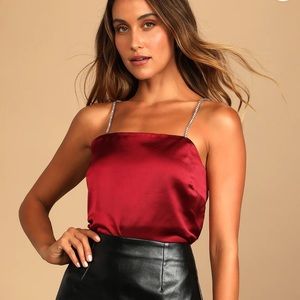 Lulu’s Sparkly Splendor Burgundy Satin Rhinestone Strap Tank Top